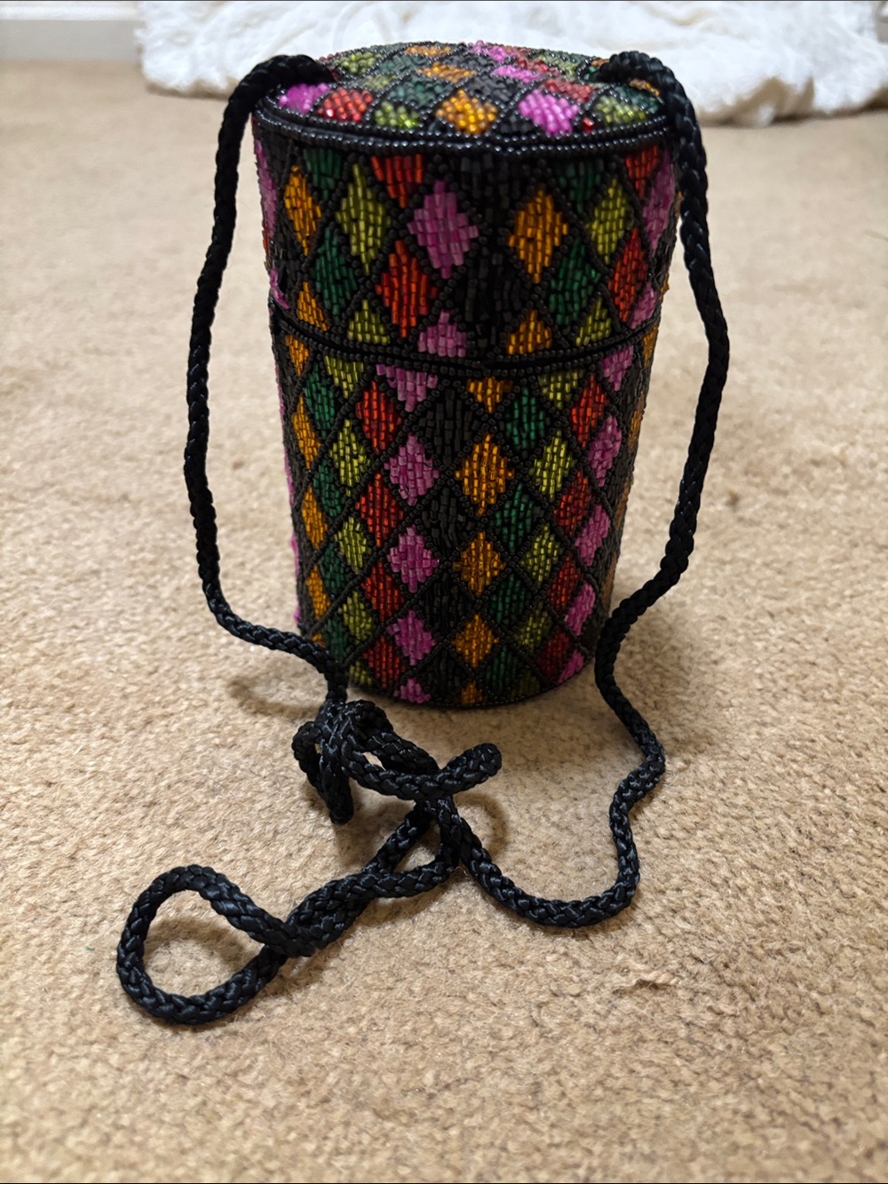 Bob Mackie Vintage Cylinder Bag with Multicolor Diamond Pattern